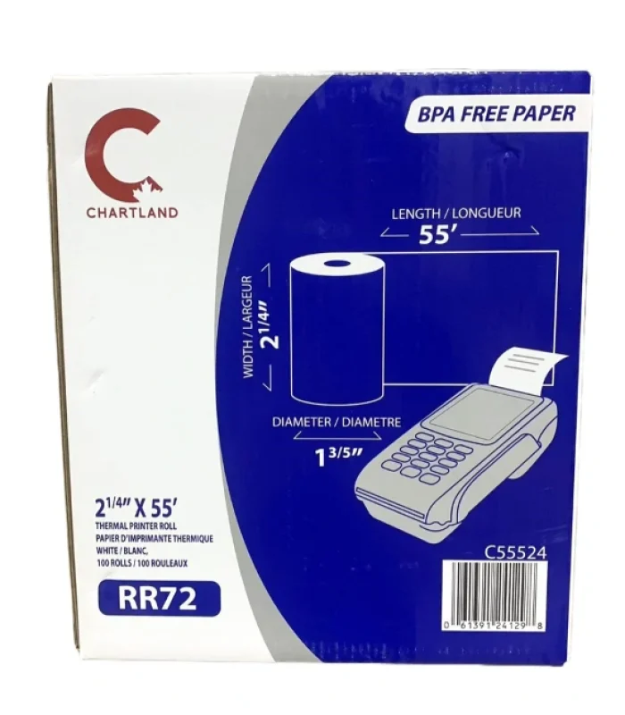 Chartland – RR72 – 2 1/4″ⅹ55′ Paper Rolls – Thermal – 100 ct/CS
